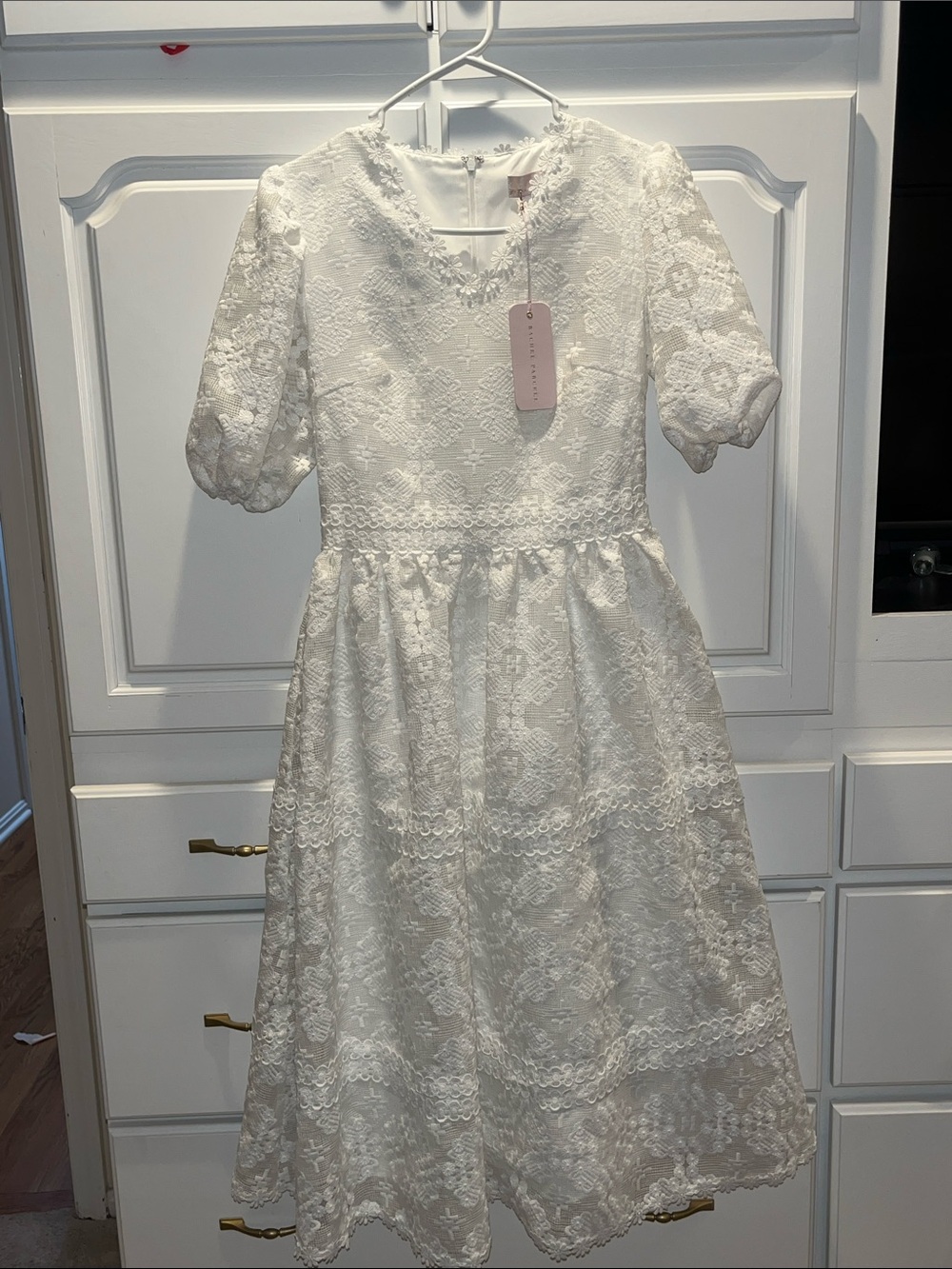 NWT Rachel Parcell White Lace Puff Sleeve Midi Dress